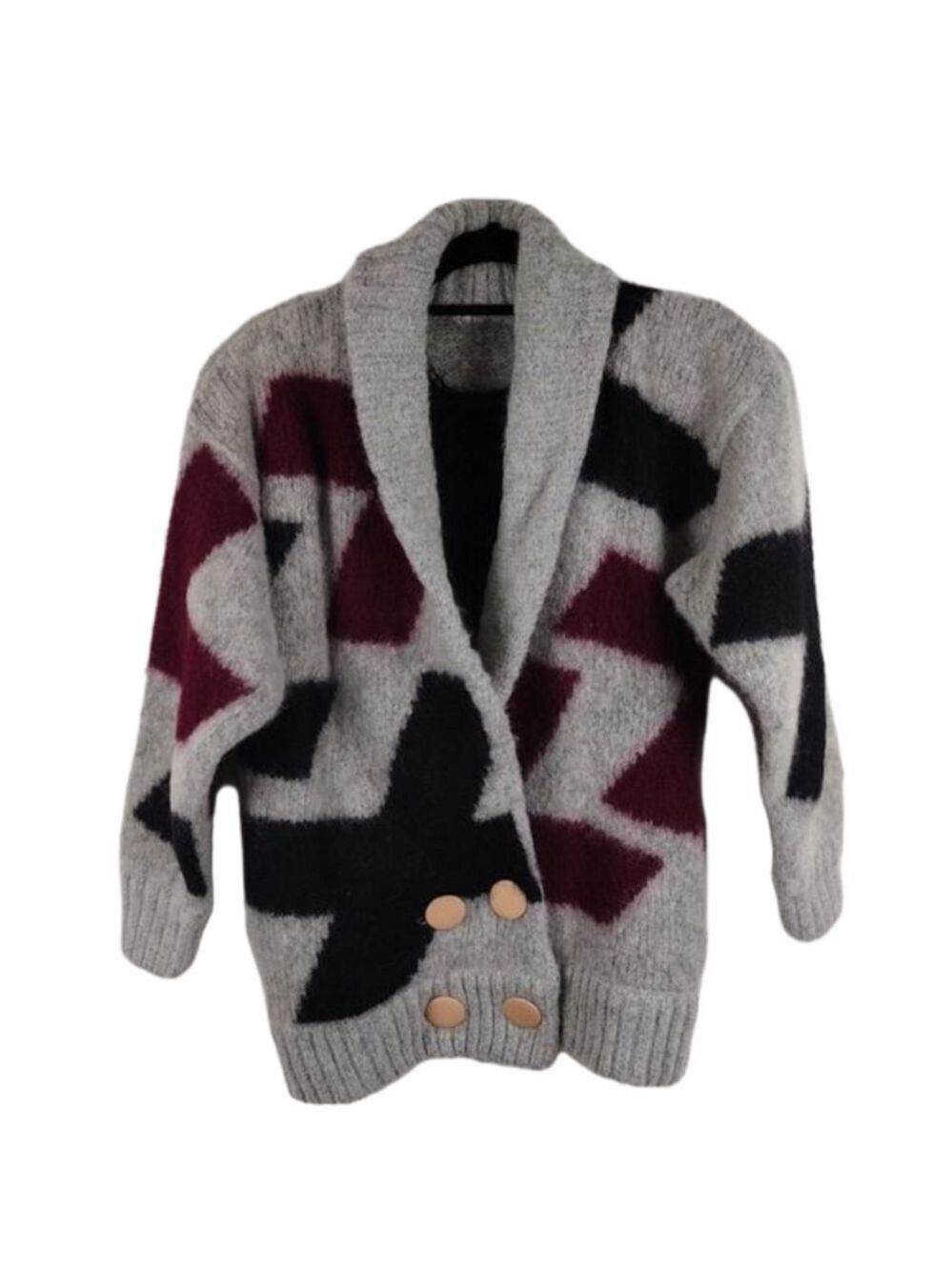 Women's 80's Grey Mohair Shawl Collar Long Sleeve Four Button Cardigan Sweater